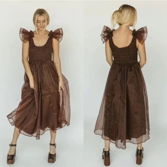 Sofie The Label Dress Small Chocolate‎ Smocked Organza Flounce Whimsigoth Witchy - Picture 1 of 13